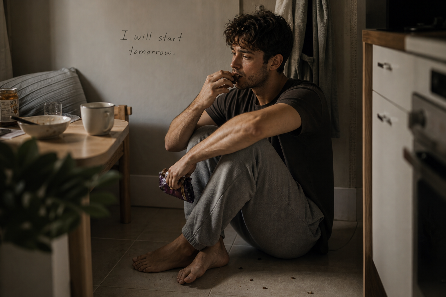 Person sitting on a kitchen floor during a moment of overwhelm around food.